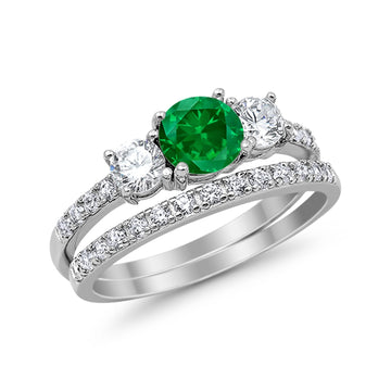 3-Stone Wedding Bridal Piece Ring Round Simulated Green Emerald CZ 925 Sterling Silver